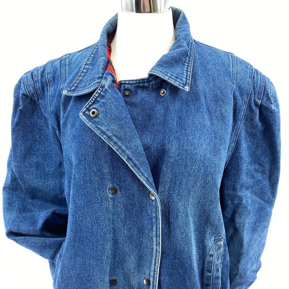 Vintage Bramble Lane Denim bomber jacket size medium plaid lining cotton - Picture 2 of 11